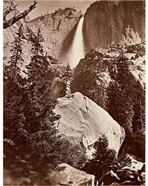 Carleton E. Watkins, 'Upper Yosemite Fall, Yosemite,' 1865–66. Albumen silver print. The exhibition runs Nov. 3 through Feb. 1. Lent by Department of Special Collections, Stanford University Libraries