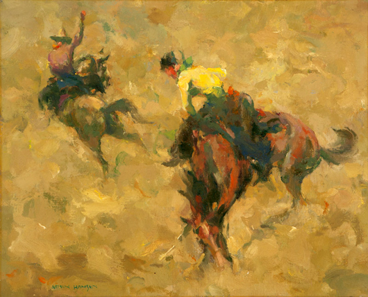 Buyers were especially attracted to Western genre works, such as this piece by Armin Carl Hansen (1886-1957 Monterey, Calif.), which fetched $102,000 (estimate: $40,000 to $60,000). John Moran Auctioneers image
