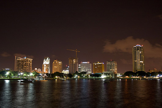 Downtown St. Petersburg, Fla., skyline  at night. Image by Ryan Abel. This file is licensed under the Creative Commons Attribution-ShareAlike 2.0 Generic license.