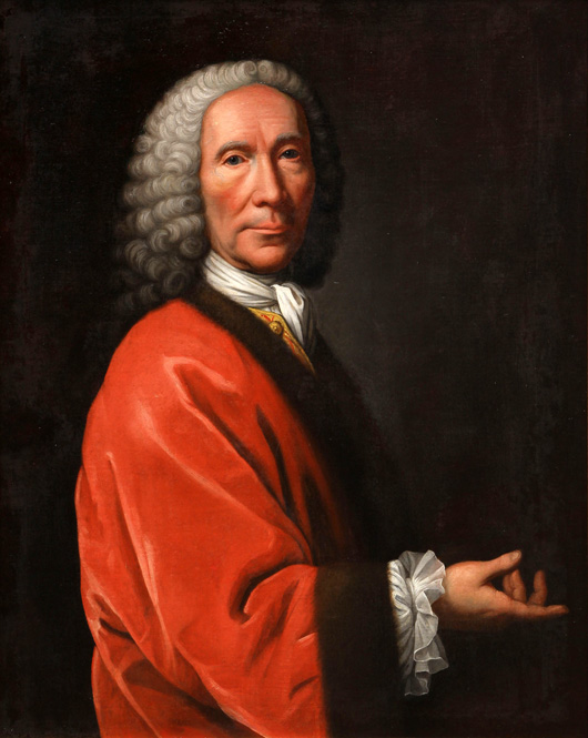 William Aikman (British, 1682-1731), ‘Portrait of Maestro, Giovanni Bononcini (Italian, 1670-1747),’ oil on canvas: 30 1/4 in. x 25 in. Estimate: $90,000 to $130,000. Clars Auction Gallery image
