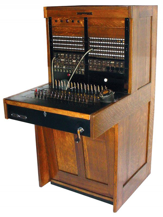 This telephone switchboard made by the Stromberg-Carlson Telephone Manufacturing Co. in the 1920s features a quartersawn oak case. Image courtesy of LiveAuctioneers.com archive and Rich Penn Auctions.