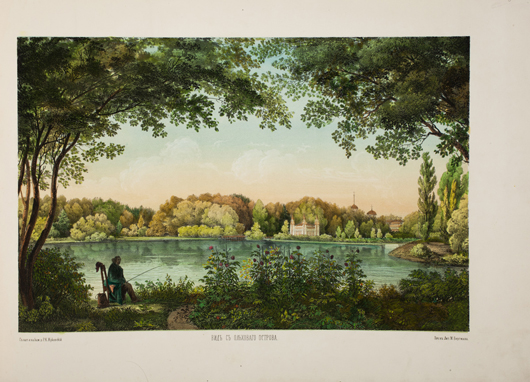 Lot 165 - Views of the Park at the village Shablykino in Orel, St. Petersburg, 1850, 15 hand-colored lithographs. Engraved title page with hand colored. Half leather binding. Anticvarium Auction House