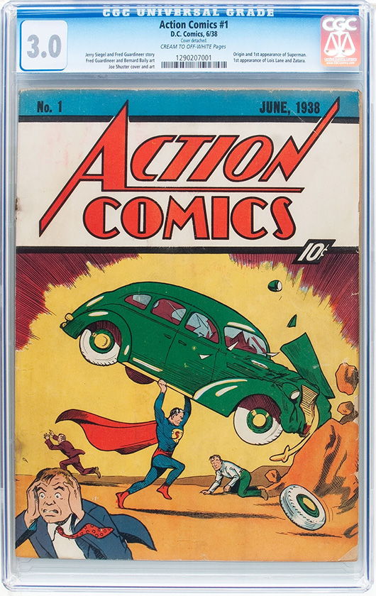 Unrestored copy of 'Action Comics #1' (DC, 1938), which marks the first appearance of Superman. Heritage Auctions image.