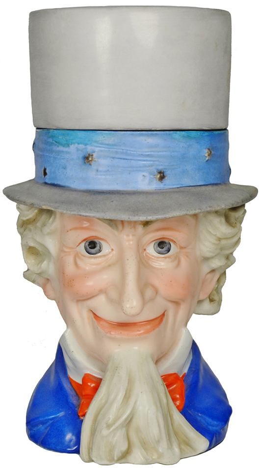 The hat comes off this Uncle Sam stein and his head can be filled with beer. This red, white and blue Schierholz example sold for $5,040 in 2014 at Fox Auctions of Vallejo, Calif.