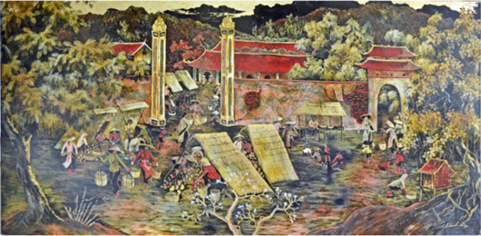 Vietnamese lacquer-on-panel artwork depicting figures and temples in landscape, signed lower right, 24 x 48in. Est. $60-$120. Stephenson’s image