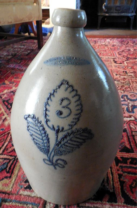 Burger Bros. Rochester cobalt-decorated, ovoid-form stoneware jug, 17in tall. Est. $200-$400. Stephenson’s image
