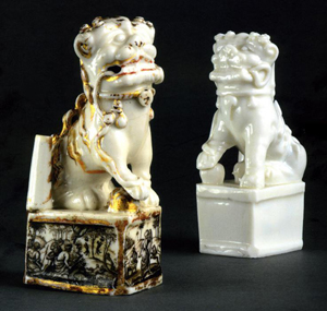 These two 17th century Chinese lion dog joss stick holders decorate the front covers of Helen Espir’s book and the auction catalog. That on the left was later painted with hunting scenes by the legendary Ignaz Preissler (1676-1741). Saleroom estimate: £1,000-2,000, sold for £15,000 ($23,808). All prices exclude a 22 percent buyer’s premium. Photo: Woolley & Wallis