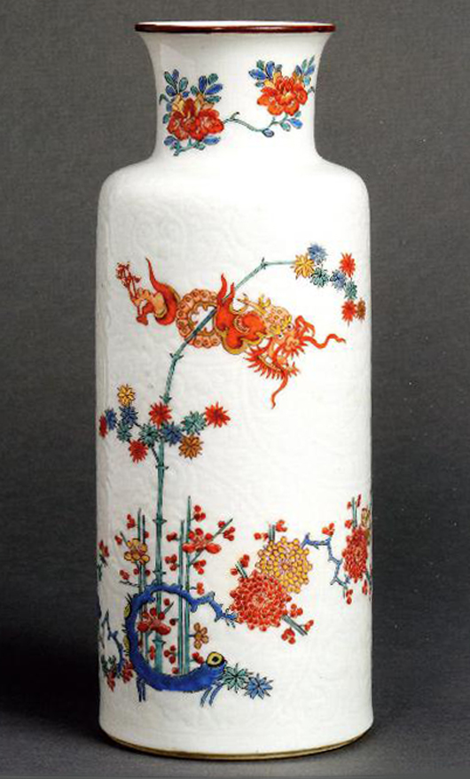 A good Chinese porcelain vase dating from about 1700, later decorated in Holland in the Japanese Kakiemon palette with a dragon bamboo and prunus. Saleroom estimate: £3,000-5,000, sold for £4,800 ($7,619). Photo: Woolley & Wallis