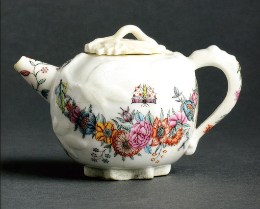 A rare early 18th century teapot which would have arrived as blanc de Chine, that is white and undecorated. It is believed the Germanic decoration of bees and butterflies around a spray of flowers was done by a German decorator working in Holland. Saleroom estimate: £3,000-5,000, sold for £5,800 ($9,206). Photo: Woolley & Wallis