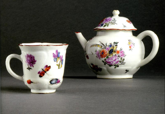 An 18th Chinese teapot and an associated cup, later painted with European flowers, butterflies, moths and insects in London. The artist’s name ‘F. Smith’ has been found on the back of a saucer with the same decoration. Saleroom estimate together: £1,000-2,000, not sold. Photo: Woolley & Wallis