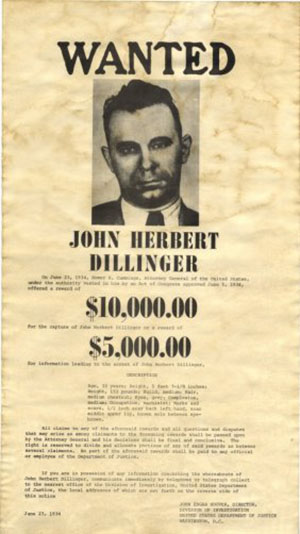 John Dillinger (1903-1934) original wanted poster issued by J. Edgar Hoover and the U.S. Department of Justice, Washington D.C., June 23, 1934. Image courtesy LiveAuctioneers.com archive and International Autograph Auctions Ltd.