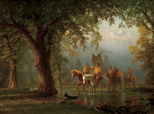 Albert Bierstadt (German‑American, 1830‑1902) 'Departure of an Indian War Party,' 1865. Oil on board, 17¼ × 24¼ inches. Tacoma Art Museum, Haub Family Collection, Gift of Erivan and Helga Haub, 2014.6.8