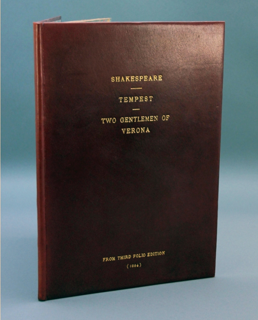 Red leather-bound volume, ‘Mr. William Shakespeare’s Comedies, Histories and Tragedies,’ 1664, est. $4,000-$6,000. Waverly Rare Books image.