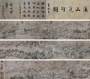 Ming Dynasty painter Dong Qichang created ‘Poetic Landscape,’ ink and color on paper, in 1621. It has nine emperors’ seals, 10 collectors’ seals, a frontispiece by Dong Gao, and colophons by Huang Li and Li Enqing. Estimate: $150,000-$200,000. Gianguan Auctions image