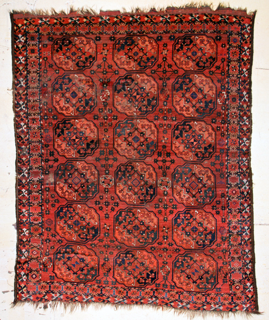 Antique Ersari Guli Gul rug, 7 feet 7 inches x 9 feet 8 inches (231 x 295 cm). Estimate: $5,000-$7,000. Material Culture image.