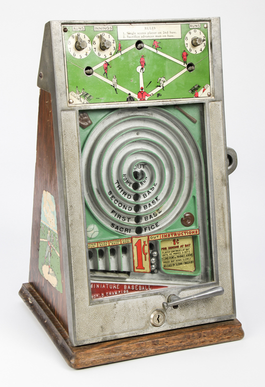 Antique tabletop coin-operated penny baseball game. Estimate: $200-$400. Material Culture image.