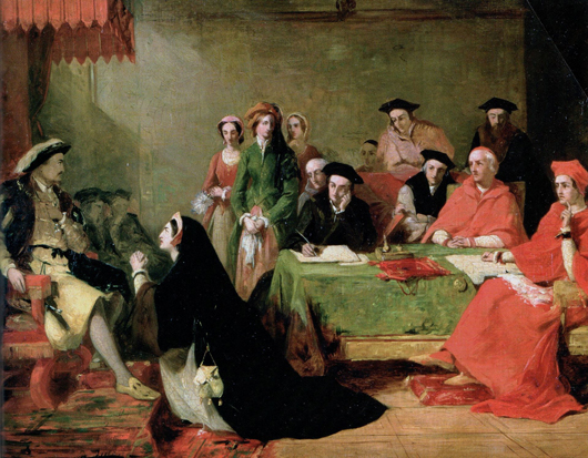 Catherine of Aragon pleads her case against divorce from Henry VIII. Painting by Henry Nelson O'Neil. Image courtesy of Wikimedia Commons.