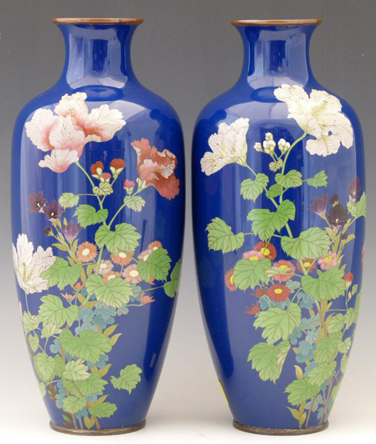 A pair cobalt blue Japanese cloisonné vases decorated with flowers and foliage, estimate £125-175. Photo: Peter Wilson