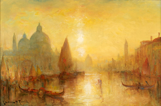 Lucien Powell (Virginia, 1846-1930), oil on canvas of Grand Canal 20 x 30in, est. $2,500-$3,500. Quinn’s Auction Gallery image