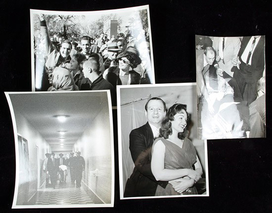 Eamon Kennedy of the Dallas Times Herald shot the two images on the left of a crowd outside County Jail in Dealey Plaza erupting in cheers upon hearing Jack Ruby shot accused JFK assassin Lee Harvey Oswald and Oswald's body being escorted through a corridor by the Sheriff's Department. Also pictured is Ruby and a showgirl at his Carousel Club and Oswald immediately after being shot by Ruby. Image courtesy of LiveAuctioneers.com archive and Ira and Larry Goldberg Auctioneers.