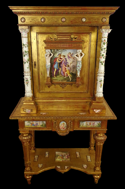 Very fine 19th century German giltwood cabinet mounted with Vienna enamels and Meissen porcelain. Kodner Galleries image