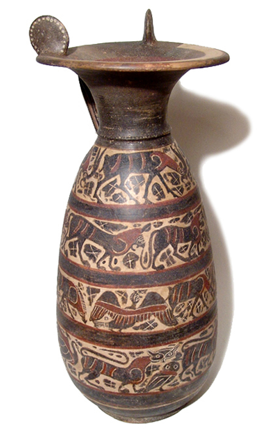 Etrusco-Corinthian black-figure olpe, early 6th century BC, 16 2/5in tall, est. $40,000-$50,000. Ancient Resource image
