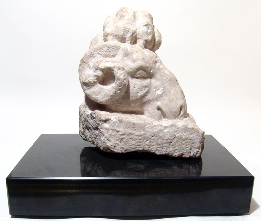 Roman marble ram carved from human-bone matrix, est. $16,000-$20,000. Ancient Resource image