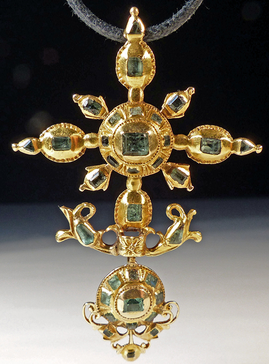 Spanish gold emerald pendant cross, circa 17th/18th Century CE. Est. $10,000-$14,000. Artemis Gallery image