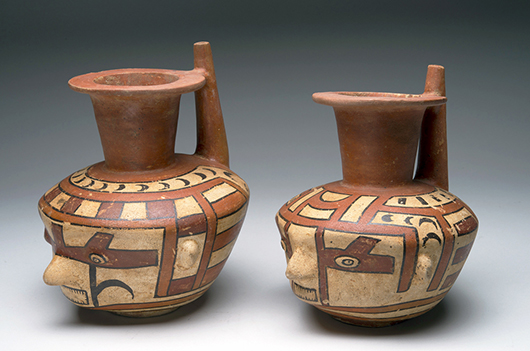 Pair of Panamanian Cocle portrait vases, male and female, Pre-Columbian, circa 1000 CE. Est. $8,000-$10,000. Artemis Gallery image