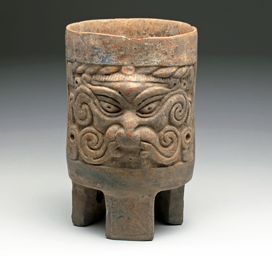 Teotihuacan ‘old god’ tripodal vessel, Pre-Columbian, Central Mexico, circa 200-800 CE. Est. $1,200-$1,500. Artemis Gallery image