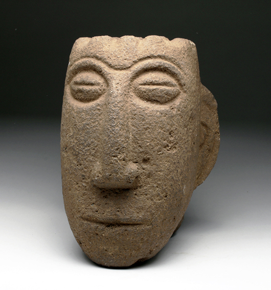 Important Panamanian stone trophy head, Pre-Columbian, Diquis, circa 500 to 1000 CE.  Est. $6,000-$9,000. Artemis Gallery image
