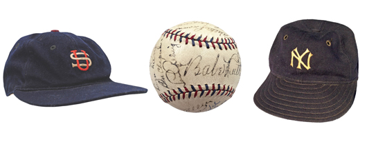 (Left to right) Baseball cap game-used by Babe Ruth during the 1934 Tour of Japan, $50,000 reserve; baseball signed by 10 of the 1932 New York Yankees, including Babe Ruth and Lou Gehrig, $5,000 reserve; Joe Dimaggio game-used circa-1937 rookie-era Yankees cap with stitching inside sweatband that says ‘7 J. DiMaggio.’ $25,000 reserve. Grey Flannel Auctions image