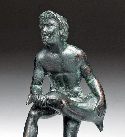 Roman bronze satyr carrying wineskin, circa 1st/2nd century CE. Est. $12,000-$15,000. Artemis Gallery image