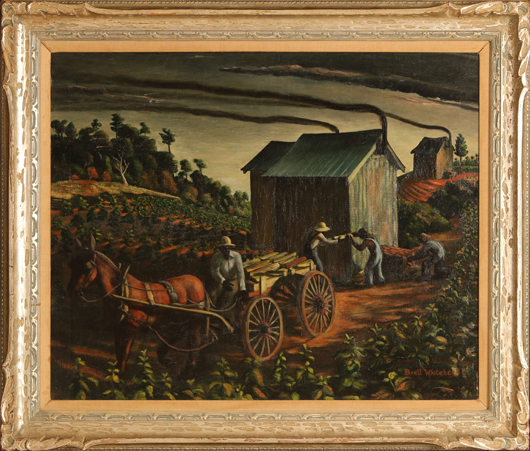 Buell Whitehead (1919-1993), ‘Tobacco Barns,’ oil on canvas, 24 by 30 inches. Estimate: $6,000-$8,000. Dirk Soulis Auctions image