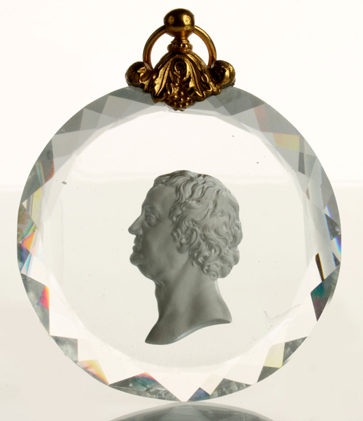 European sulphide glass cameo plaque, profile of Benjamin Franklin, 19th century, 3½  inches. Estimate: $500-$1,000. Dirk Soulis Auctions image