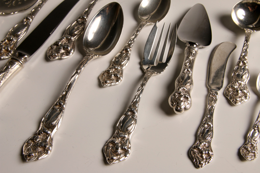 247-pc sterling silver flatware service for 12 plus service pieces, Watson Lily pattern. Estimate: $6,000-$10,000. Dirk Soulis Auctions image