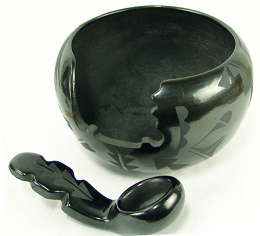 Rare black-on-black San Ildefonso water bowl, or spirit bowl, by Carmelita Dunlap, circa 1980s. Price realized: $2,587. Allard Auctions Inc. image