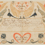 Wythe County, Va., folk art watercolor and ink on paper fraktur birth and baptismal record, circa 1819, attributed to the Wild Turkey artist. Price realized: $27,600. Jeffrey S. Evans & Associates image