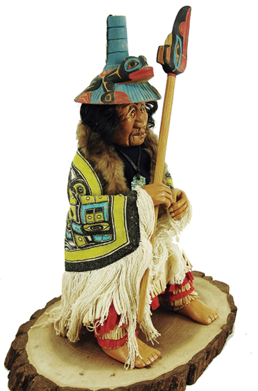 Hand-carved ‘Tlingit Chief’ Shonaha doll, wearing a Chilkat blanket with a fine Lelooska carved Potlach hat and staff. Price realized: $2,185. Allard Auctions Inc. image