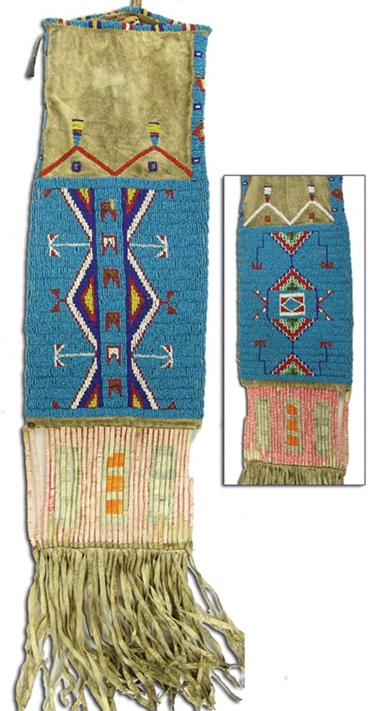 Circa 1900 old sinew sewn and lazy stitch beaded two-sided buffalo hide Sioux pipe-and-tobacco bag. Price realized: $2,415. Allard Auctions Inc. image