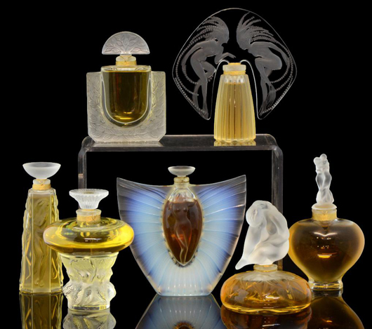 A group of stylish 20th century Lalique perfume bottles that would make great gifts and, perhaps, greater investments. The most valuable is the one shown at top right from the limited edition Ondines (Mermaid) collection of 1998. It sold for £280. Photo Ewbank’s Auctioneers