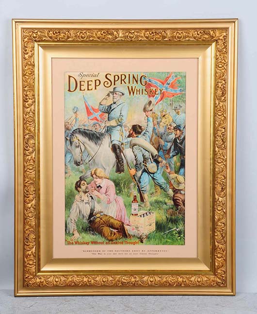 Deep Spring Whiskey paper poster with Confederate Civil War theme of surrender at Appomattox, 31 x 30 inches, dated 1911, est. $7,500-$10,000. Morphy Auctions image
