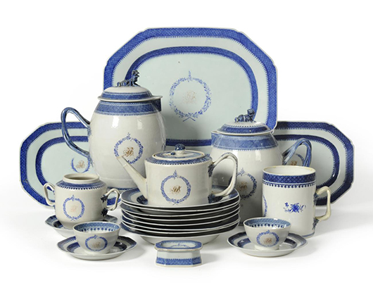 This Chinese porcelain dinner service, decorated with a monogram, is expected to make around £2,000-£3,000 ($3,125-$4,700) when Tennants disperses the estate of a Virginia private collection on Dec. 6. Image courtesy of Tennants.