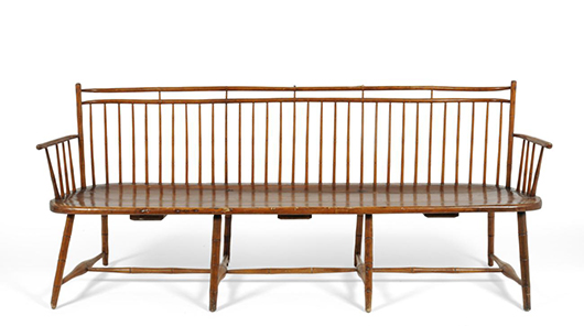 A 19th-century maple and ash Windsor bench, Philadelphia, Pennsylvania or Rhode Island, possibly by Joseph Henzey or John B Ackley, to be offered by Tenants in Yorkshire on Dec. 6, with an estimate of £2,000-£3,000 ($3,125-$4,700). Image courtesy of Tennants.
