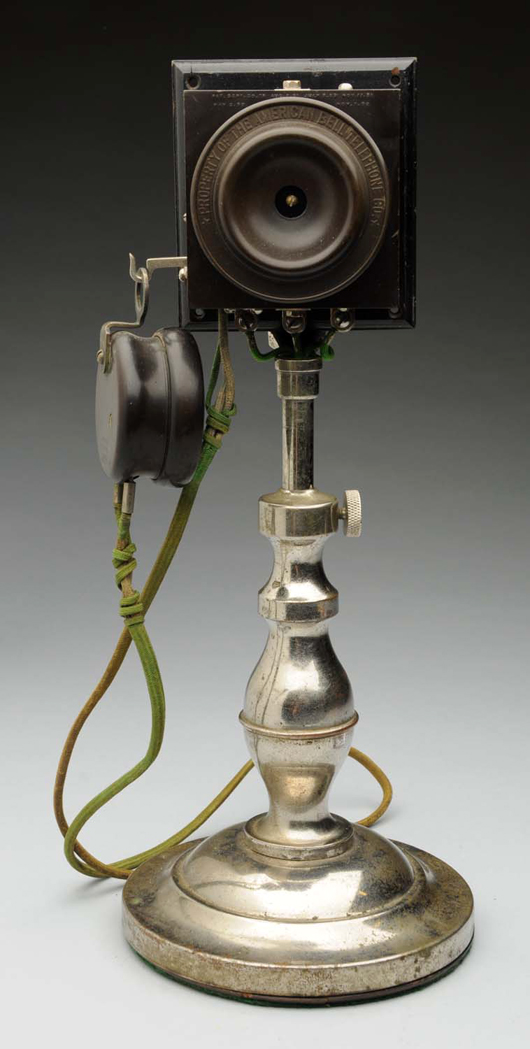1894 No. 1 speaking tube desk telephone, Alexander Graham Bell’s first upright desktop telephone model, est. $20,000-$25,000. Morphy Auctions image