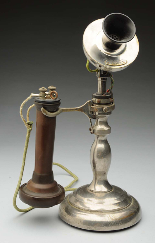 1897 No. 88-C San Francisco Potbelly long-distance desk telephone made by California Electrical Works, est. $7,000-$9,000. Morphy Auctions image