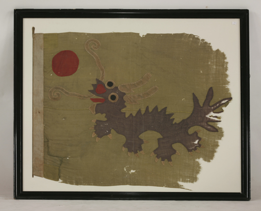 Pair of Chinese flags, each with a dragon, reputedly from the Imperial Chinese Maritime Customs Headquarters at Antung, Manchuria. Estimate: £3,000-£5,000. Sworders image