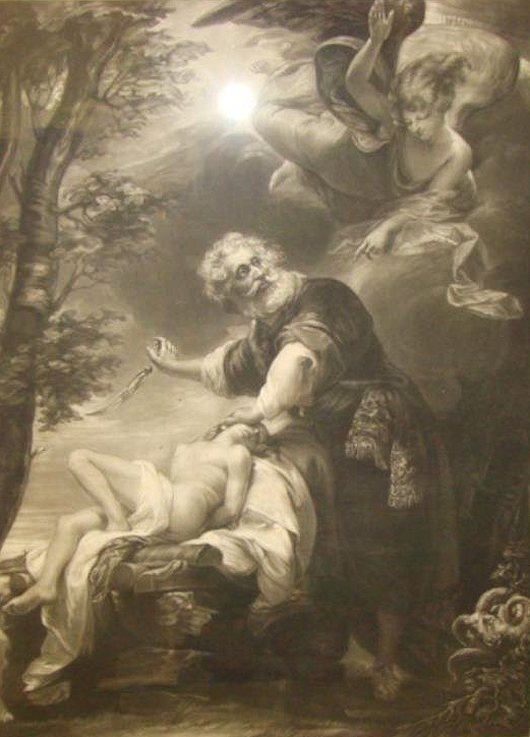 Copley mezzotint, ‘Abraham Offering Up His Son,’ circa 1797, publisher John Singleton Copley, printmaker Robert Dunkarton, 39.5in. x 32in. Estimate: $3,000-$4,000. Tonya A. Cameron Auctions image