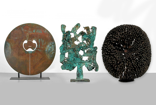 Three monumental Harry Bertoia sculptures were offered, including (at center) one that set an auction record for a work by the artist using the spill cast technique. It sold for $48,800 ($40,000 hammer). Palm Beach Modern Auctions image
