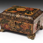 A rare penwork sewing box with painted flowers, complete with original contents including mother of pearl painted spools, circa 1815. Price: £2,350 ($3,688). Photo: Hampton Antiques